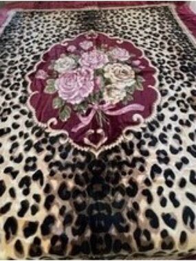 Plush Leopard Print Throw Blanket with Rose Medallion - Burgundy